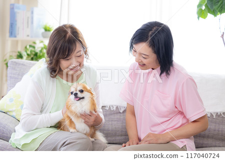護理：高級婦女和護理人員在沙發上撫摸狗 117040724