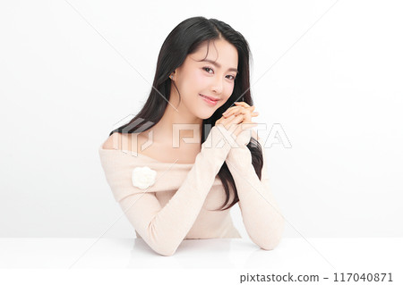 Beautiful young asian woman with clean fresh skin on white background, Face care, Facial treatment, Cosmetology, beauty and spa, Asian women portrait. 117040871