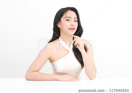 Beautiful young asian woman with clean fresh skin on white background, Face care, Facial treatment, Cosmetology, beauty and spa, Asian women portrait. 117040893