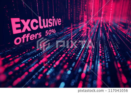 Cyber Monday exclusive 50% off offers with vibrant neon lights and dynamic digital lines, highlighting massive savings 117041056