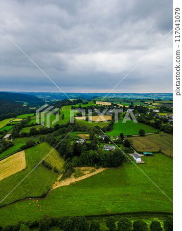 Aerial View of a picturesque landscape showcasing lush green countryside, cloudy sky, and farmlands 117041079