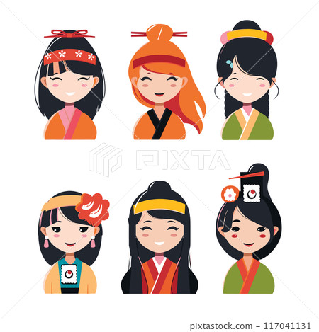 Six cartoon characters wearing traditional Asian clothing, smiling, diverse hairstyles accessories. Portraits animated characters various hair ornaments, colorful attire, happy expressions. Set Six cartoon characters wearing traditional Asian clothing, smiling, diverse hairstyles accessories. Portraits animated characters various hair ornaments, colorful attire, happy expressions. Set 117041131