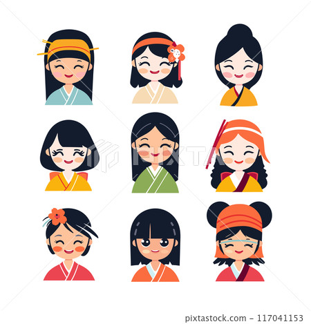 Nine various Asian female characters, distinctive smiles hairstyles. Characters dressed traditional attire, displaying diversity joy. Cartoon style emotive faces expressing happiness, cultural Nine various Asian female characters, distinctive smiles hairstyles. Characters dressed traditional attire, displaying diversity joy. Cartoon style emotive faces expressing happiness, cultural 117041153