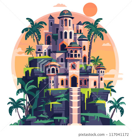 Tropical castle nestled among cliffs sunset. Lush greenery surrounds ancient buildings background large sun. Fantasy architecture featuring towers balconies purple, orange hues Tropical castle nestled among cliffs sunset. Lush greenery surrounds ancient buildings background large sun. Fantasy architecture featuring towers balconies purple, orange hues 117041172