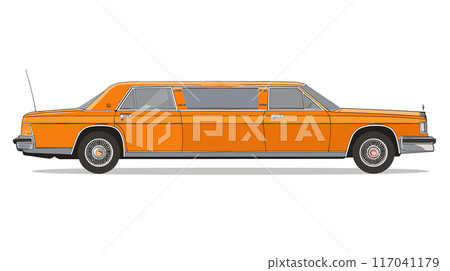 Side view classic orange stretch limousine resting against plain white. Limousine illustration featuring vintage design, prominent long body, tinted windows, shiny chrome details. Detailed vector Side view classic orange stretch limousine resting against plain white. Limousine illustration featuring vintage design, prominent long body, tinted windows, shiny chrome details. Detailed vector 117041179