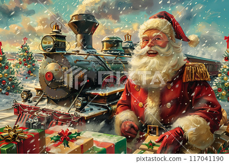 A festive scene with Santa Claus in front of a vintage train, surrounded by Christmas trees presents and falling snow A festive scene with Santa Claus in front of a vintage train, surrounded by Christmas trees presents and falling snow 117041190