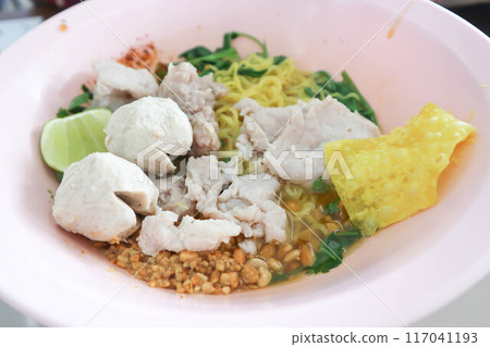 Chinese noodles, egg noodles or pork noodles with pork ball 117041193
