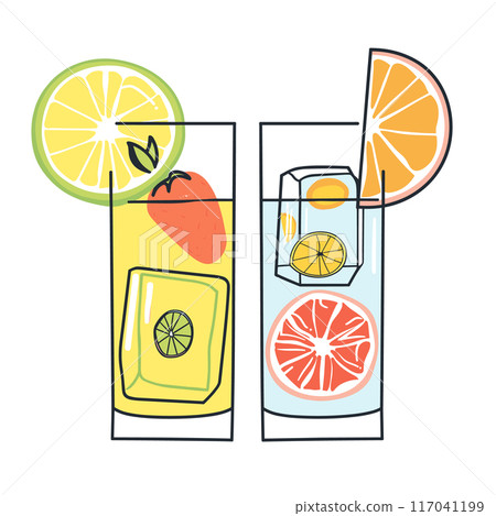 Two colorful drinks glasses citrus fruit garnish vector illustration. Lemon lime orange slices refreshing cocktails isolated white background. Summer beverage concept vibrant colors stylized art 117041199