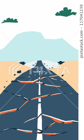 Damaged road cracks leading horizon under blue sky, concept travel disruption. Cracked asphalt symbolizing obstacles challenges path, hills clouds background. Abstract landscape depicting broken Damaged road cracks leading horizon under blue sky, concept travel disruption. Cracked asphalt symbolizing obstacles challenges path, hills clouds background. Abstract landscape depicting broken 117041239