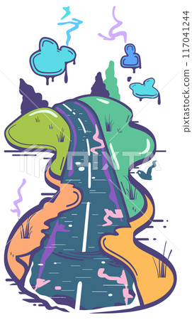 Colorful stylized illustration depicts winding road meandering through landscape. Abstract shapes doodles represent trees, clouds, nature alongside path, playful design uses purple, blue, green Colorful stylized illustration depicts winding road meandering through landscape. Abstract shapes doodles represent trees, clouds, nature alongside path, playful design uses purple, blue, green 117041244