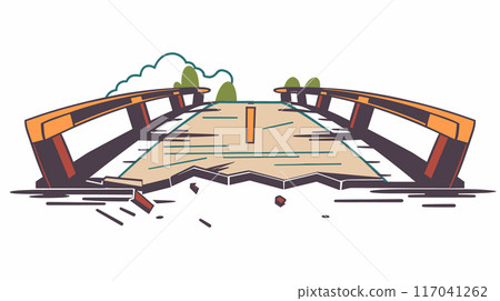 Broken wooden bridge illustration, damaged walkway over river. Cartoon destruction bridge missing planks, safety hazard concept art. Crumbling graphic trees background, isolated 117041262