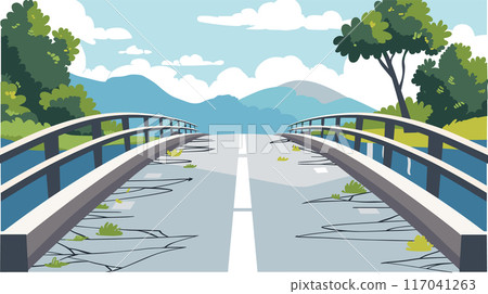 Curved bridge over cracked ground leading green forest mountains. Blue sky, white clouds, nature landscape illustration. Cracks road surface, environmental disaster earthquake concept Curved bridge over cracked ground leading green forest mountains. Blue sky, white clouds, nature landscape illustration. Cracks road surface, environmental disaster earthquake concept 117041263