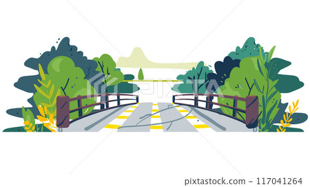 Cartoon wooden bridge crossing over stream, surrounded lush greenery trees. Bright yellow flowers foliage detail add colorful touch tranquil nature scene. Flat design style, nature landscape bridge Cartoon wooden bridge crossing over stream, surrounded lush greenery trees. Bright yellow flowers foliage detail add colorful touch tranquil nature scene. Flat design style, nature landscape bridge 117041264