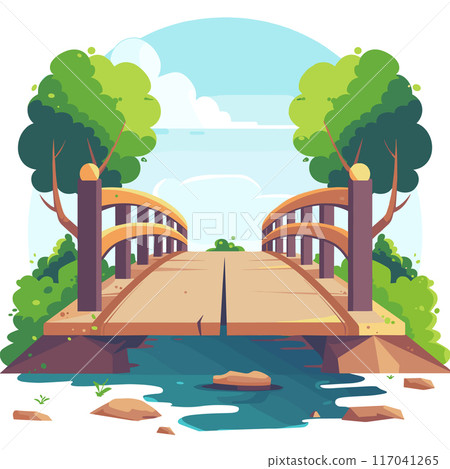 Cartoon bridge over tranquil water surrounded greenery under blue sky. Wooden bridge arches connecting riverbanks serene landscape. Peaceful scenery trees, river, nature Cartoon bridge over tranquil water surrounded greenery under blue sky. Wooden bridge arches connecting riverbanks serene landscape. Peaceful scenery trees, river, nature 117041265