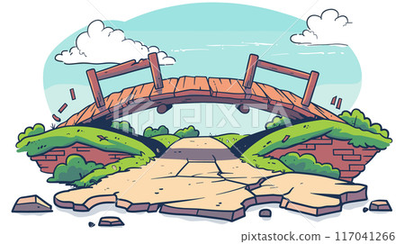 Wooden bridge collapse, broken pieces falling, outdoor landscape damage. Pathway destroyed, cartoon style, greenery surrounding, infrastructure failure. Cracked planks, disassembled bridge, serene 117041266