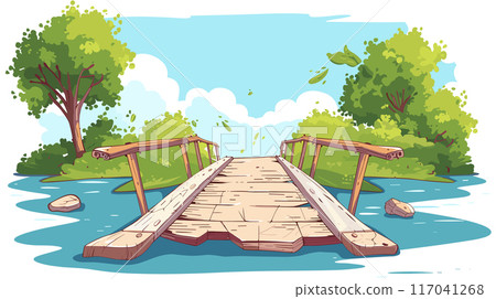 Wooden bridge park cartoon scenic outdoor river trees illustration serene. Calm peaceful river crossing small bridge landscape summer sunny day. Handdrawn storybook setting tranquil natural Wooden bridge park cartoon scenic outdoor river trees illustration serene. Calm peaceful river crossing small bridge landscape summer sunny day. Handdrawn storybook setting tranquil natural 117041268