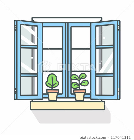 Blue framed double windows wide open showcasing two potted plants sill green leafy. Interior view light streaming through. Minimalistic pastel color palette emphasizes calm serene atmosphere Blue framed double windows wide open showcasing two potted plants sill green leafy. Interior view light streaming through. Minimalistic pastel color palette emphasizes calm serene atmosphere 117041311