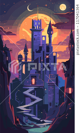 Mysterious castle towers under twilight sky crescent moon stars. Purple fortress spiral stairway leads entrance illuminated under glow setting sun. Dark rocky landscape surrounding enchanted Mysterious castle towers under twilight sky crescent moon stars. Purple fortress spiral stairway leads entrance illuminated under glow setting sun. Dark rocky landscape surrounding enchanted 117041364