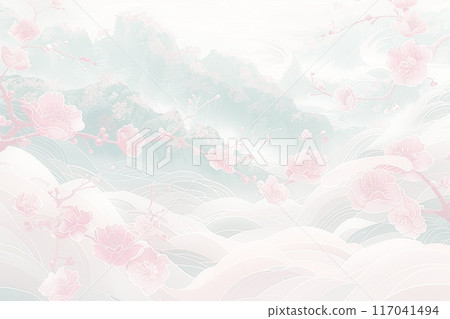 A fascinating illustration of a mysterious mountain range covered in flowers 117041494