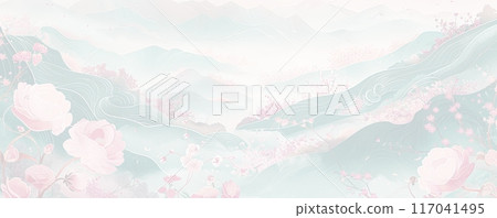 A fascinating illustration of a mysterious mountain range covered in flowers 117041495