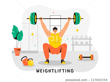 Weightlifting Sport Vector Illustration featuring an Athlete Lifting a Heavy Barbell with Gym Equipment and a Bodybuilder Training in Flat Background 117041554