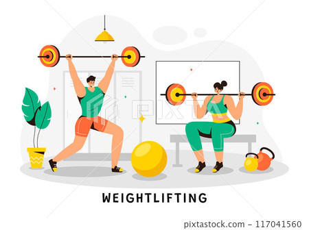 Weightlifting Sport Vector Illustration featuring an Athlete Lifting a Heavy Barbell with Gym Equipment and a Bodybuilder Training in Flat Background 117041560