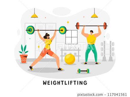 Weightlifting Sport Vector Illustration featuring an Athlete Lifting a Heavy Barbell with Gym Equipment and a Bodybuilder Training in Flat Background 117041561