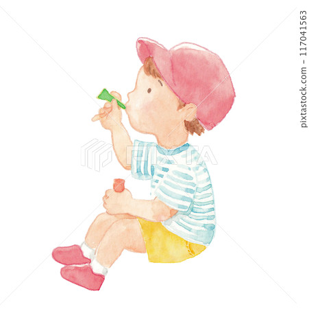 一個孩子吹泡泡的水彩插圖，沒有泡泡 117041563