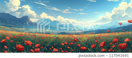 A vast meadow filled with blooming red poppies 117041691