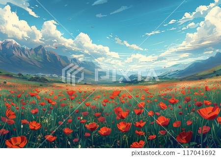 A vast meadow filled with blooming red poppies 117041692