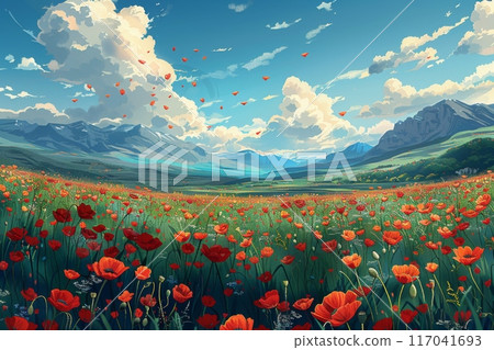 A vast meadow filled with blooming red poppies 117041693