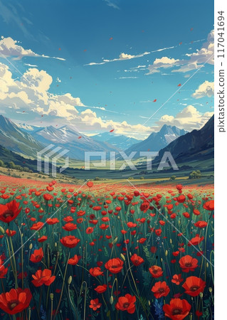 A vast meadow filled with blooming red poppies 117041694