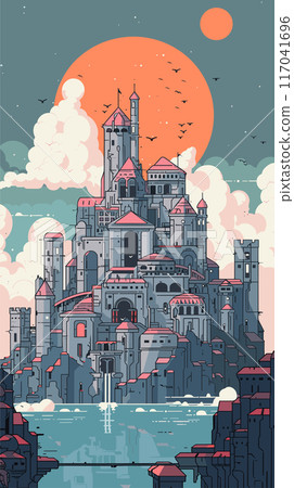 Majestic castle towering rocky cliffs under orange moonlit sky surrounded clouds birds. Detailed illustration intricate turrets, arches, windows invoking medieval fantasy setting. Reflected calm 117041696