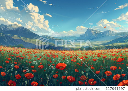 A vast meadow filled with blooming red poppies 117041697