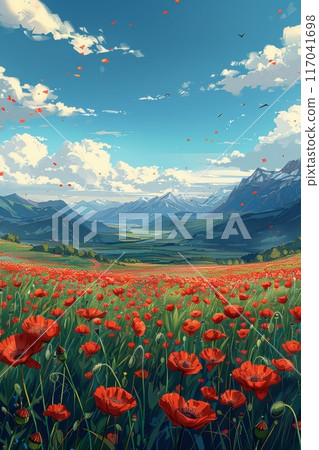 廣闊的草原上開滿了紅色的罌粟花 117041698