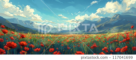 A vast meadow filled with blooming red poppies 117041699