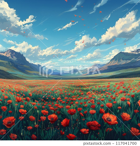 A vast meadow filled with blooming red poppies 117041700