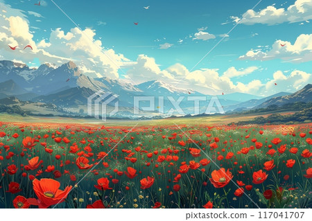 A vast meadow filled with blooming red poppies 117041707