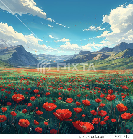 A vast meadow filled with blooming red poppies 117041712