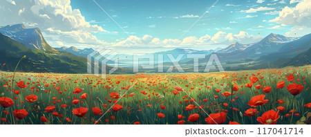 A vast meadow filled with blooming red poppies 117041714