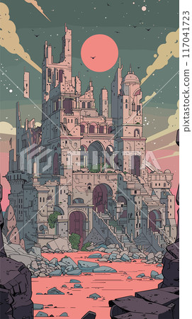 Ancient castle towering, twilight sky filled birds, red sun setting. Medieval fortress ruin standing, barren rocky landscape. Stone structure looming, mystical atmosphere, impending evening Ancient castle towering, twilight sky filled birds, red sun setting. Medieval fortress ruin standing, barren rocky landscape. Stone structure looming, mystical atmosphere, impending evening 117041723
