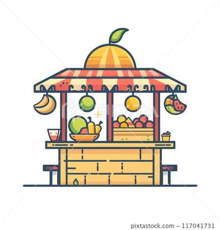 Small fruit stand, colorful market cart hanging fruits, produce display. Fresh produce stall bananas, apples, melons, stand roof striped orange, yellow, red awning. Wooden counter, fruit boxes Small fruit stand, colorful market cart hanging fruits, produce display. Fresh produce stall bananas, apples, melons, stand roof striped orange, yellow, red awning. Wooden counter, fruit boxes 117041731