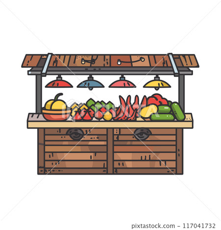 Market stall displaying various colorful vegetables fruits under rustic wooden canopy, lamps hang above. Assorted produce includes melons, bell peppers, carrots, cucumbers wooden crates. Farmers 117041732
