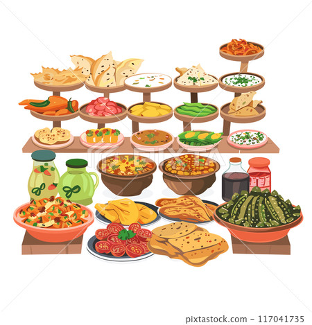 Assortment Indian food displayed shelves includes various breads, vegetables, curry, condiments emphasizing vibrant spices. Traditional vegetarian dishes, featuring colorful curries, naan, chutney Assortment Indian food displayed shelves includes various breads, vegetables, curry, condiments emphasizing vibrant spices. Traditional vegetarian dishes, featuring colorful curries, naan, chutney 117041735