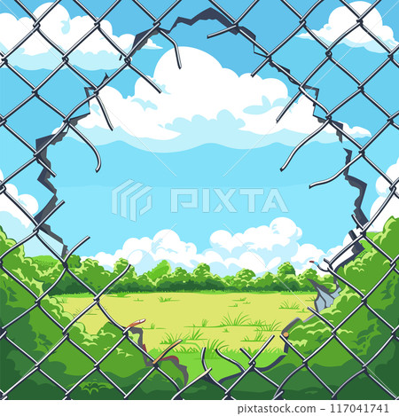 Three described scenarios 1. Broken chainlink fence revealing lush, green meadow bright sunny day scattered clouds. Chainlink fence damaged, illustrating freedom escape into nature. Vibrant 117041741