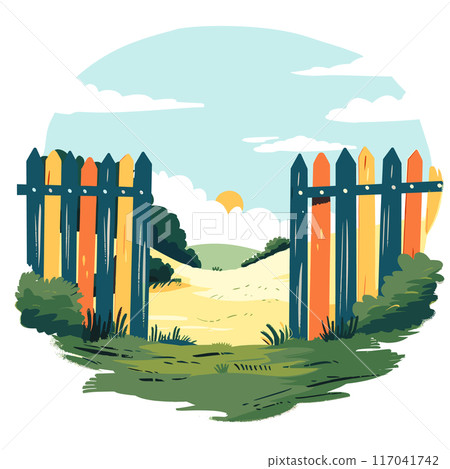 colorful wooden fence meadow symbolizes openness new opportunities. Sunrise paints sky hues blue yellow, dappled drifting clouds. Pathway leads through lush greenery distant hills. Open wooden gate 117041742