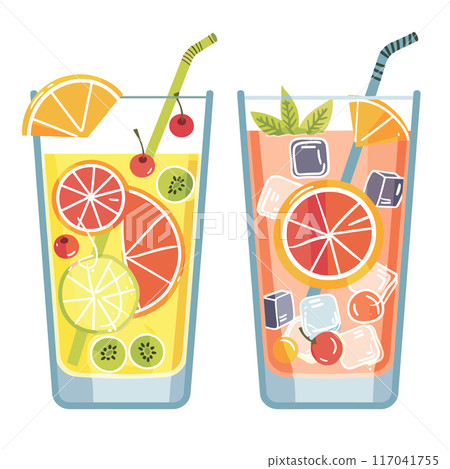 Two refreshing beverages vibrant colors citrus slices, kiwi, cherries tall glasses straws. Summer drinks garnished fresh fruits ice cubes. Lemonade orange drinks isolated white background 117041755