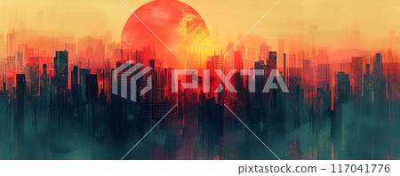 Digital painting of an abstract cityscape at dusk 117041776