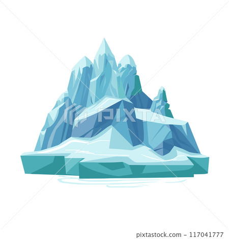 Blue icy mountain floating water nature. Cold glacier frozen landscape high peak. Antarctica Arctic winter scene ice fragments isolated white background 117041777