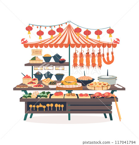 Street food market stall offering diverse Asian cuisine dishes including dumplings, sushi, grilled seafood. Red lanterns banners decorate stall suggesting festive celebration, resembling Asian Street food market stall offering diverse Asian cuisine dishes including dumplings, sushi, grilled seafood. Red lanterns banners decorate stall suggesting festive celebration, resembling Asian 117041794